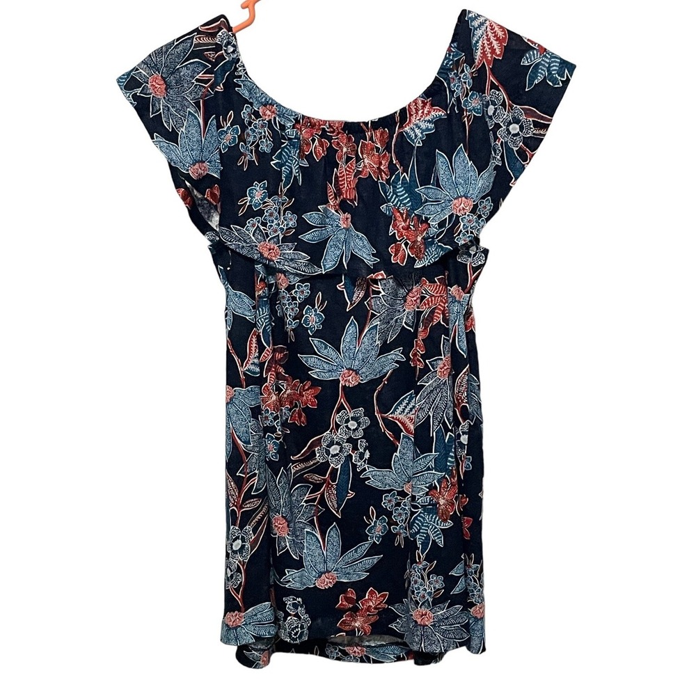 J.Jill Love Linen Sarasa Women's Size Small Ruffled Tropical Print Top Navy Blue